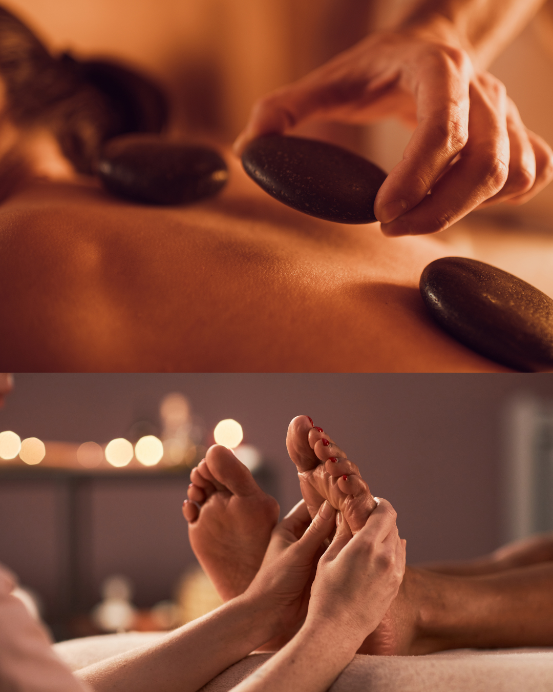 INNER PEACE FOR TWO: Masajes de relajación con piedras calientes 50 min + Armonización de pies 50 min (servicio para 2 personas) (2 horas en total)