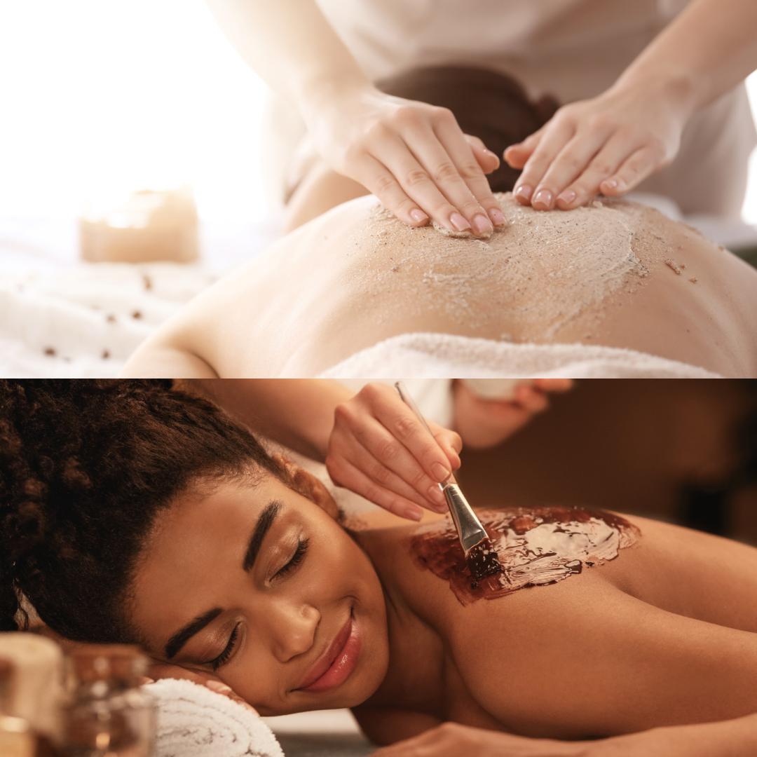 Exfoliación corporal completa + envolvimiento de chocolate, café o algas + hidratación (80 min total)