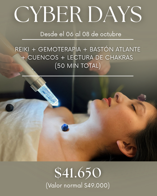 Cyber Days: Reiki + Gemoterapia + Bastón Atlante + Cuencos + Lectura de Chakras (50 min)